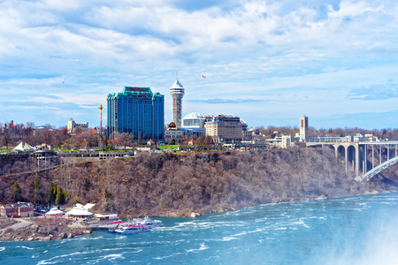 Niagara Falls, USA - April 30, 2015: Rainbow Bridge across the Niagara River Gorge. It is an arch bridge between the United States of America and Canadaのeditorial素材