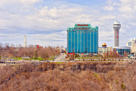 Ontario, Canada - April 30, 2015: Cityscape in Ontario near Niagara Falls, viewed from American part. Niagara River is a border between the United States of America and Canada.のeditorial素材