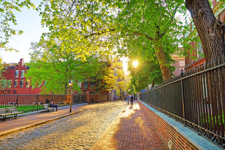 Romantic sunset viewed through the tree leaves in the streets of Philadelphia, Pennsylvania, the USA. Tourists in the street. With special sun flareの写真素材