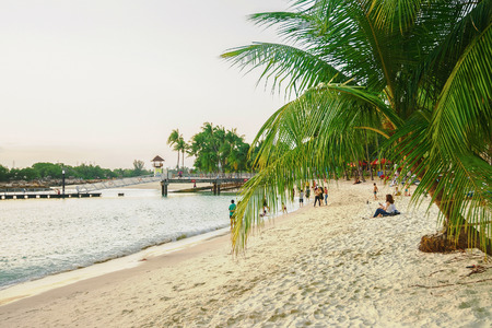 Singapore, Singapore - March 1, 2016: Tourists of Siloso Beach in Sentosa island resort in Singapore. It is an artificial beach with a sand taken from Malaysia and Indonesia.のeditorial素材