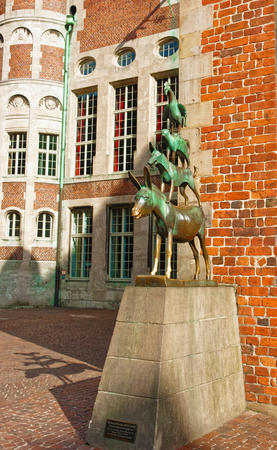 Bremen, Germany - May 1, 2013: Town Musicians at Bremen Cathedral in Bremen in Germany. They are heroes of a fairy tale by Brothers Grimm authors.のeditorial素材