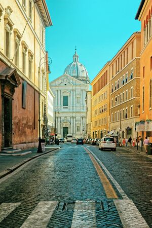 Rome, Italy - August 28, 2012: Church of Sant Andrea della Valle in Corso del Rinascimento Street in the Old City of Rome in Italy. Specially toned in vintage styleのeditorial素材