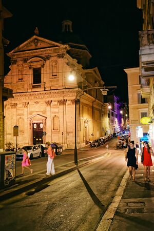 Rome, Italy - August 28, 2012: Church of Santa Maria ai Monti in the City Center of Rome in Italy. At night. Specially toned in vintage styleのeditorial素材