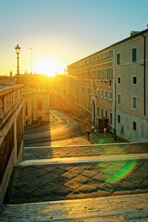 Sunset in the Street in the Old City in Rome in Italy. Specially toned in vintage styleのeditorial素材