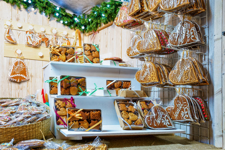 Various gingerbread goods which were sold at the Christmas Market in Vilnius, Lithuania. Sweets can be differently decorated and usually it is with icing. It is one of the main symbols of Christmas.の写真素材
