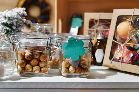Different festive souvenirs displayed for sale at one of the stalls during Christmas market in...