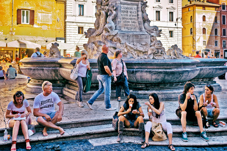 Rome, Italy - August 28, 2012: Fountain of Pantheon in Rome in Italy. Specially toned in vintage styleのeditorial素材