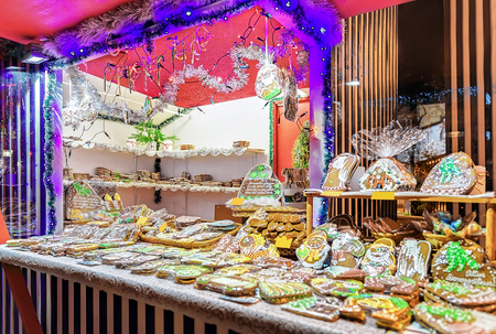 One of the most traditional sweet treats which are gingerbreads pictured in Christmas Market in Riga, Latvia. They can be found in different sizes and icing.の写真素材