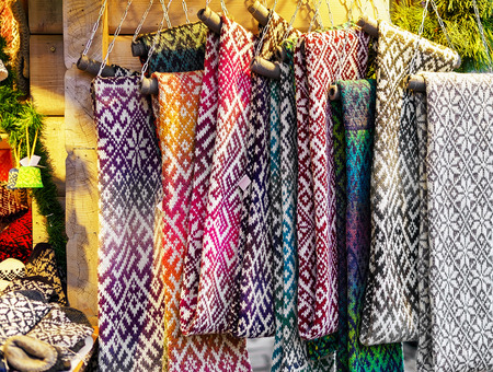 Handmade ornamental scarfs displayed at one of the stalls during the Christmas market celebrations...