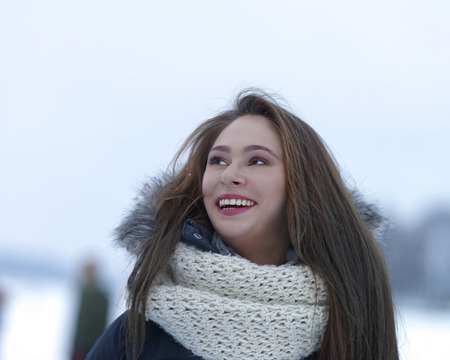 Trakai, Lithuania - January 17, 2016: Young girl in winter Trakai of Lithuania.のeditorial素材