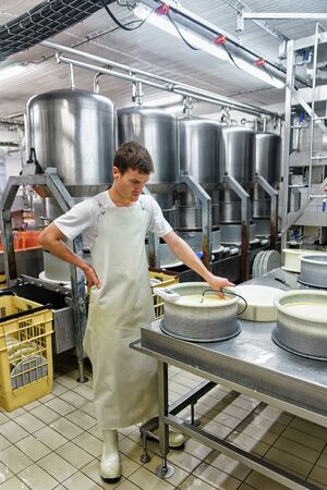 Evillers, France - August 31, 2016: Cheese maker putting Gruyere de Comte Cheese into the forms in...
