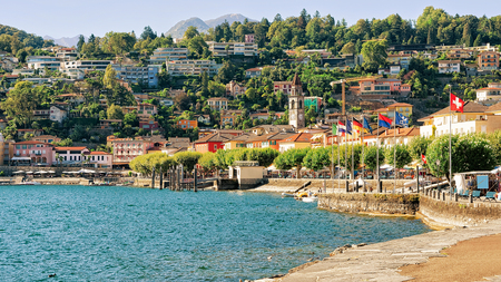 Embankment of the luxurious resort in Ascona on Lake Maggiore in Ticino canton in Switzerland.の写真素材