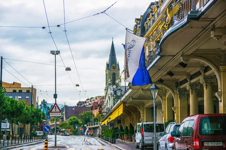 Montreux, Switzerland - August 24, 2013: German Church at the city center of luxurious resort Montreux, Vaud canton of Switzerland.のeditorial素材