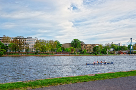 Frankfurt am Main, Germany - April 29, 2012: Kayak in Main River in Frankfurt am Main. It is the largest city in the Hesse state of Germany. People in the cayak.のeditorial素材