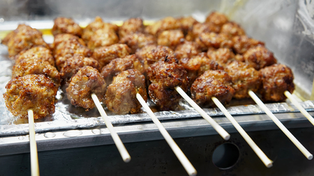 Meat balls at Myeongdong open street market in Seoul, South Koreaの写真素材