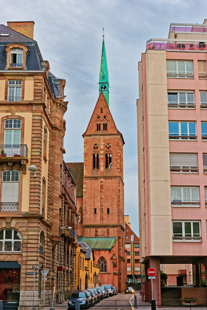 Young Saint Peter Church, or Saint-Pierre-le-Jeune Protestant Church at Quai Kellermann Quay in the city center of Strasbourg in Grand East region of Bas Rhin department, Franceの写真素材