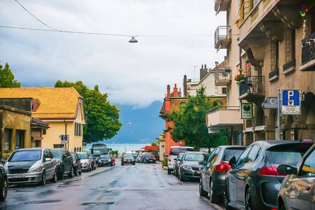 Vevey, Switzerland - August 24, 2013: Street in the city center of luxurious resort Vevey, Vaud canton of Switzerland.のeditorial素材