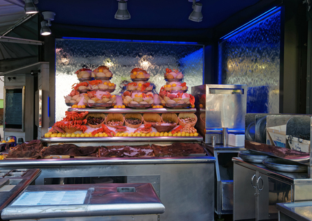 Paris, France - May 3, 2012: Stand with fresh seafood in the street in central Paris, Franceのeditorial素材