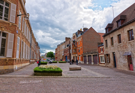 Amiens, France - May 9, 2012: Street with people in the old town of Amiens, Picardy in France.のeditorial素材