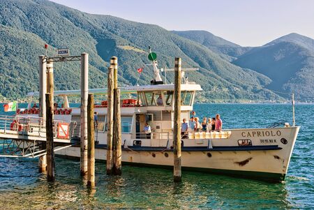 Ascona, Switzerland - August 23, 2016: Ship with tourists in the luxurious resort in Ascona on Lake Maggiore in Ticino canton in Switzerland.のeditorial素材