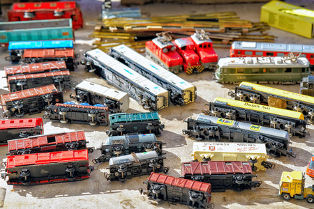 Ascona, Switzerland - August 23, 2016: Various goods for selling at the counter in the flea street market of Ascona, Lake Maggiore, Ticino canton, Switzerland.のeditorial素材
