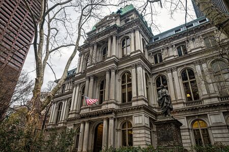 Old Town Hall and Benjamin Franklin Statue in downtown Boston, Massachusetts, the United States.の写真素材