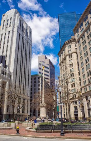 Boston, USA - April 28, 2015: Post Office Square and Skyline with Skyscrapers at downtown Boston, MA, USA. People on the backgroundのeditorial素材