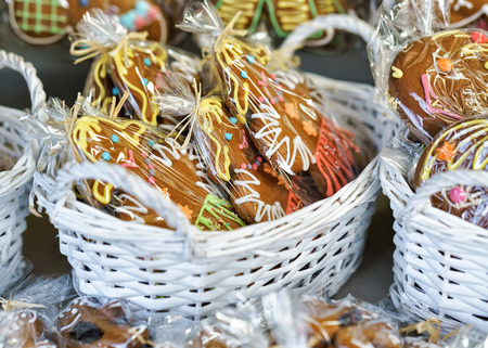 Gingerbread as souvenir gifts at the Vilnius Christmas Market, Lithuania. It is one of the main Christmas symbols which can be decorated with various candies and ornaments.の写真素材