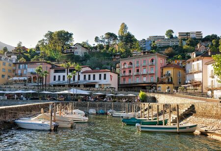 Ascona, Switzerland - August 23, 2016: Boats at the waterfront of the expensive resort in Ascona on Lake Maggiore in Ticino canton in Switzerland.のeditorial素材