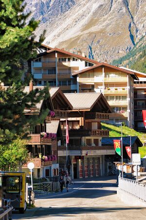 Zermatt, Switzerland - August 24, 2016: Tourists at town center in Zermatt in Switzerland in summer.のeditorial素材