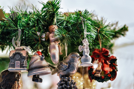Xmas tree decorations as gift souvenirs at one of the many stalls at the Christmas Market in Vilnius.の写真素材