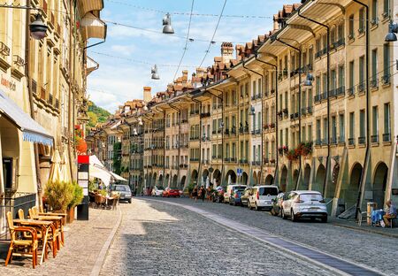 Bern, Switzerland - August 31, 2016: People at Kramgasse street with shopping area in old city center of Bern, Switzerlandのeditorial素材