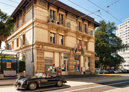 Montreux, Switzerland - August 27, 2016: People in the car on the street in Montreux town center, Vaud canton, Switzerlandのeditorial素材