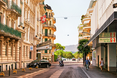 Montreux, Switzerland - August 27, 2016: People on the street in Montreux city center, Vaud canton, Switzerlandのeditorial素材