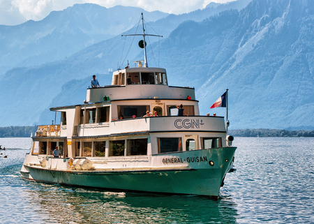 Montreux, Switzerland - August 27, 2016: Excursion ship with people aboard at Geneva Lake of Montreux, Vaud canton, Switzerlandのeditorial素材