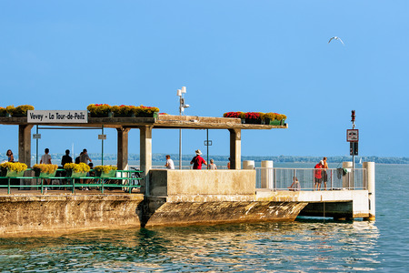 Vevey, Switzerland - August 27, 2016: People at landing place on Geneva Lake in Vevey, Vaud canton, Switzerlandのeditorial素材