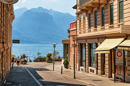 Montreux, Switzerland - August 27, 2016: Street in Montreux town center at Geneva Lake, Vaud canton, Switzerland. Alps and people on the backgroundのeditorial素材