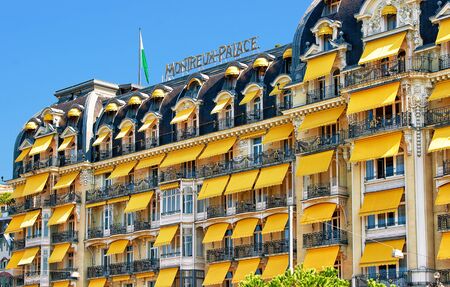 Montreux, Switzerland - August 27, 2016: Fragment of Luxury hotel with Swiss flag in Geneva Lake Riviera in Montreux, Vaud canton, Switzerlandのeditorial素材