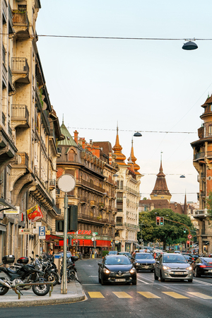 Geneva, Switzerland - August 30, 2016: Building architecture on Avenue Pictet-de-Rochemont in Geneva city center, Switzerland. People on the backgroundのeditorial素材