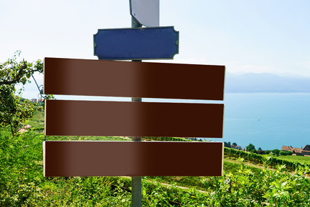 Direction plates without names at Vineyard Terraces hiking trail of Lavaux, Lake Geneva and Swiss mountains, Lavaux-Oron district of Switzerlandの写真素材