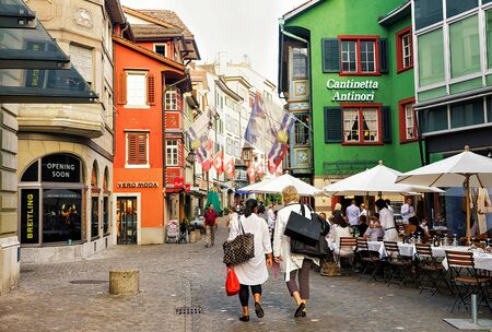 Zurich, Switzerland - September 2, 2016: People at Augustinergasse pedestrian Street at Zurich old city center, Switzerlandのeditorial素材
