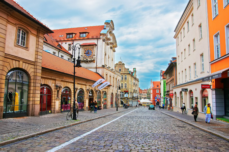 Poznan, Poland - May 7, 2014: Cobblestone Paderewski street at the Old Town of Poznan, Poland....