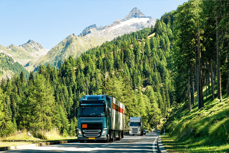 Trucks on the road in Visp, Valais canton, Swiss.の写真素材