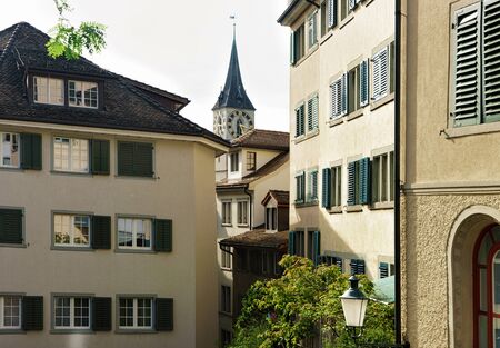 Street view on St Peter Church in the city center of Zurich, Switzerland.の写真素材