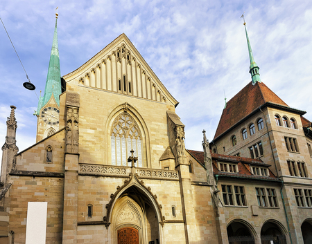 Facade of Fraumunster Church in the old city center in Zurich, Switzerlandの写真素材