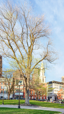 Boston, USA - April 29, 2015: People at Boston Common public park at downtown Boston, MA, United States. Park Street Church on the backgroundのeditorial素材
