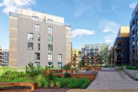 Benches at Modern european complex of residential buildings. And outdoor facilities.