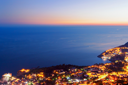 Aerial view on the Old town of Dubrovnik and the Adriatic Sea at night, Croatiaのeditorial素材