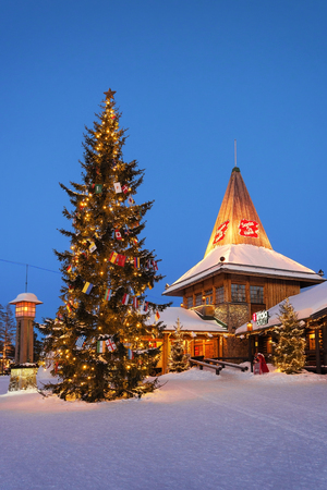 Rovaniemi, Finland - March 5, 2017: Christmas tree at Santa Office in Santa Claus Village, Lapland, Finland, on Arctic Circle in winter.のeditorial素材