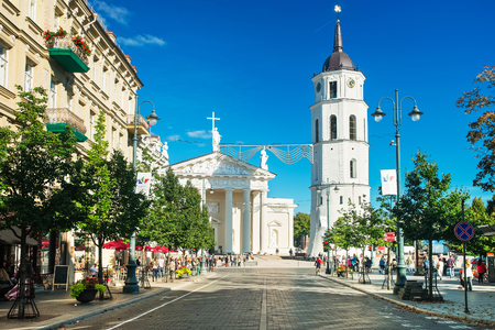 Vilnius, Lithuania - September 4, 2014: People on Gediminas Avenue at Cathedral square and belfry in the historical center of old town of Vilnius, Lithuania.のeditorial素材
